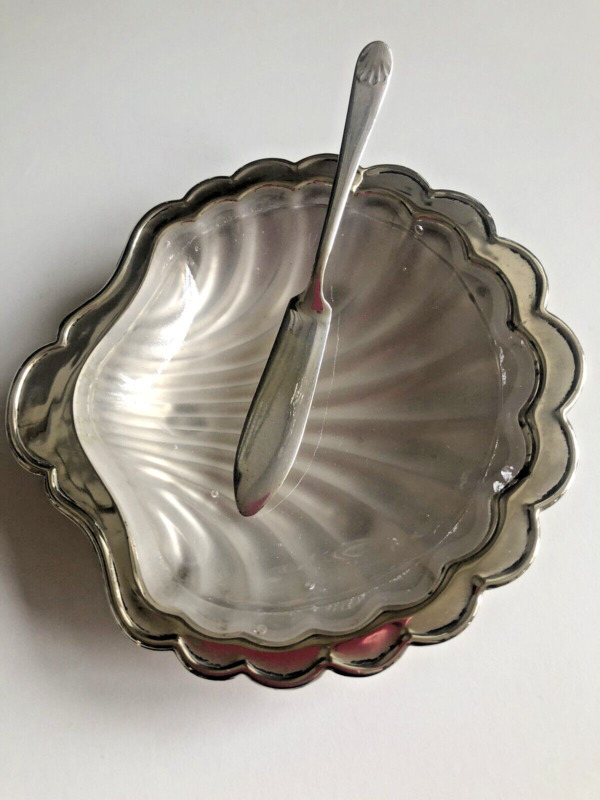 Vintage Open-Shell Butter Dish, Silver Plated, Glass Liner & Server, Caviar Dish