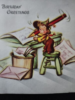 Vtg Hallmark Birthday Greeting Card ''SCRIBBLES'' Pixie Letter Pencil Table Stool