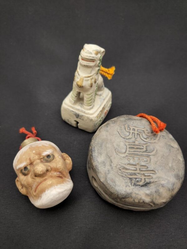 Japanese Vintage earthenware bells 3 Old priest