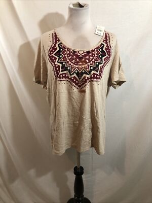 Northcrest  Oatmeal  Short Sleeve Top With Red & Black - Womens 1X, NWT