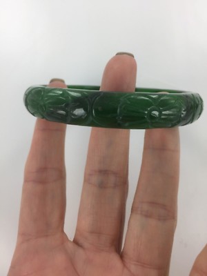 Genuine Carved Flower Design Green Jade Bangle Bracelet 60.5 MM - 7.25 INCH