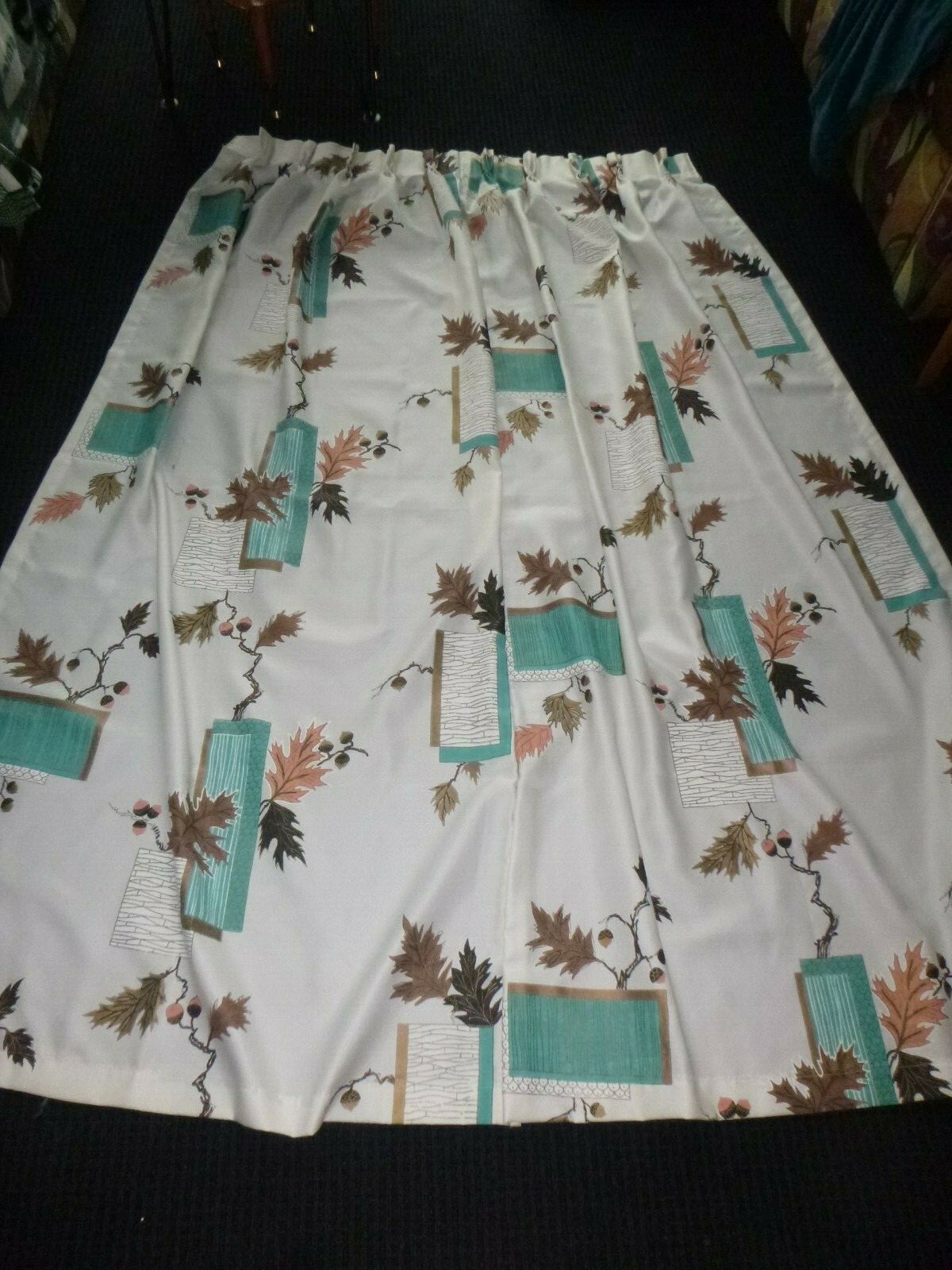 Vtg MCM Pinch Pleat Curtain Panel Synthetic Fabric Aqua Gold 43x80 CUTTER #1