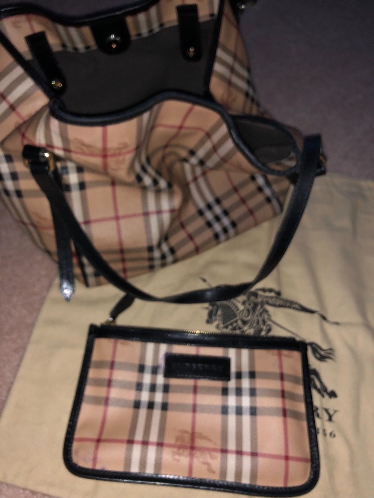 Authentic Burberry Monogram Check Shoulder Tote Handbag Purse