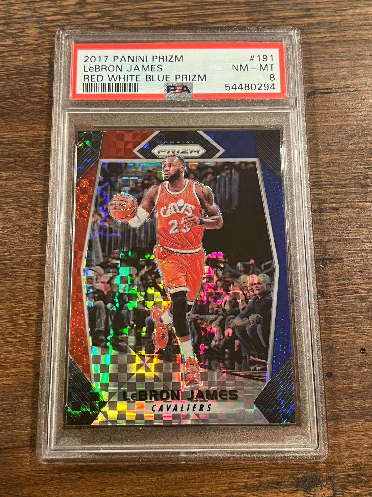 PSA 8 2017-18 Panini Prizm LeBron James Red White Blue