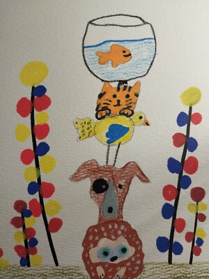GAT PAINTINGS IMPRESSIONISM ORIGINAL COLLECTIBLE WHIMSICAL ANIMALS STACK FISH 