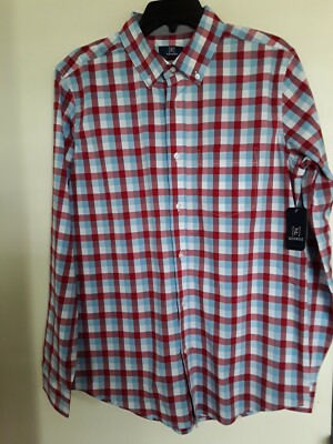 George Classic Fit Men's M Red Blue Plaid Wrinkle Resistant Long Sleeve shirt  