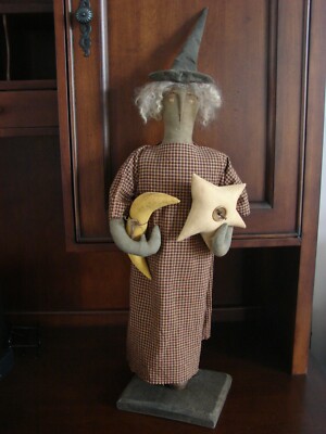 Large 31'' Handmade Primitive Folk Art Halloween Witch Homespun Dress Moon & Star