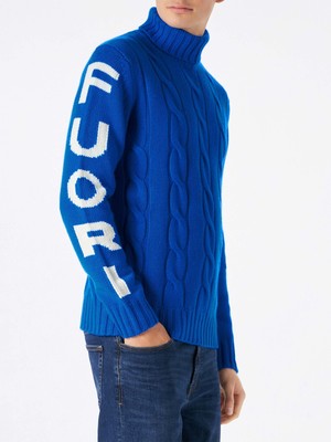 Pre-owned Mc2 Saint Barth Man Turtleneck Braided Sweater With Fuori Pista Print In Blue