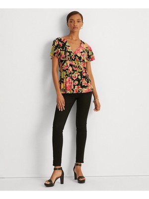 

RALPH LAUREN Женский черный топ с запахом и рукавами-крылышками с вырезом-фонариком и искусственным запахом