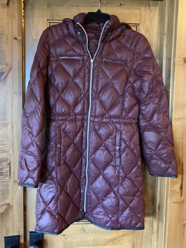 Michael Kors Womens Maroon Quilted Packable Down Long Hooded