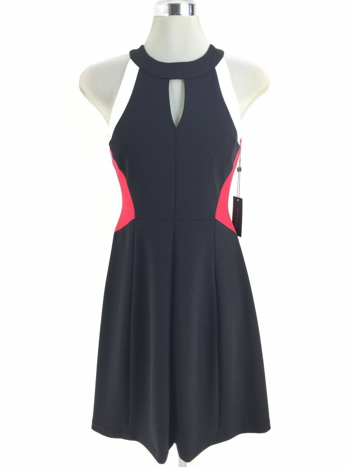 

Tommy Hilfiger NWT ЧЕРНОЕ/КРАСНОЕ Креповое платье с цветными блоками и вырезом через шею, размер, Черный, Elegant