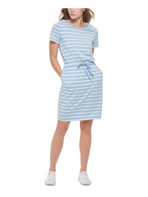 

CALVIN KLEIN Женское голубое платье с круглым вырезом выше колена с короткими рукавами, Light blue