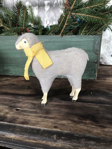 Antique German Handmade Sheep Yellow Scarf Rare Size Stick Leg Nativity Barn