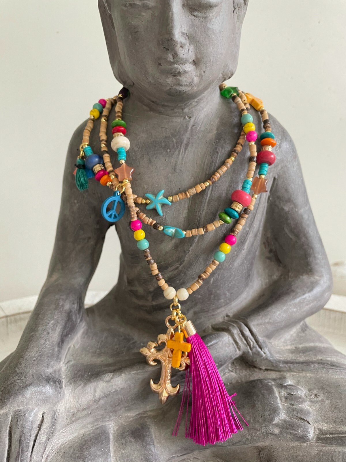 Lange Kette Hippie Boho Ibiza Beach Quaste Holzperlen Kreuz Peace 94cm AK589M