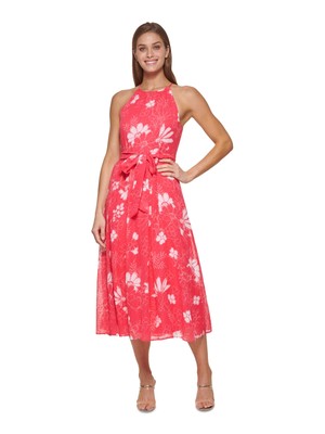

DKNY Womens Pink Tie Swiss Dots Lined без рукавов Halter Midi Fit + Flare Dress, Розовый