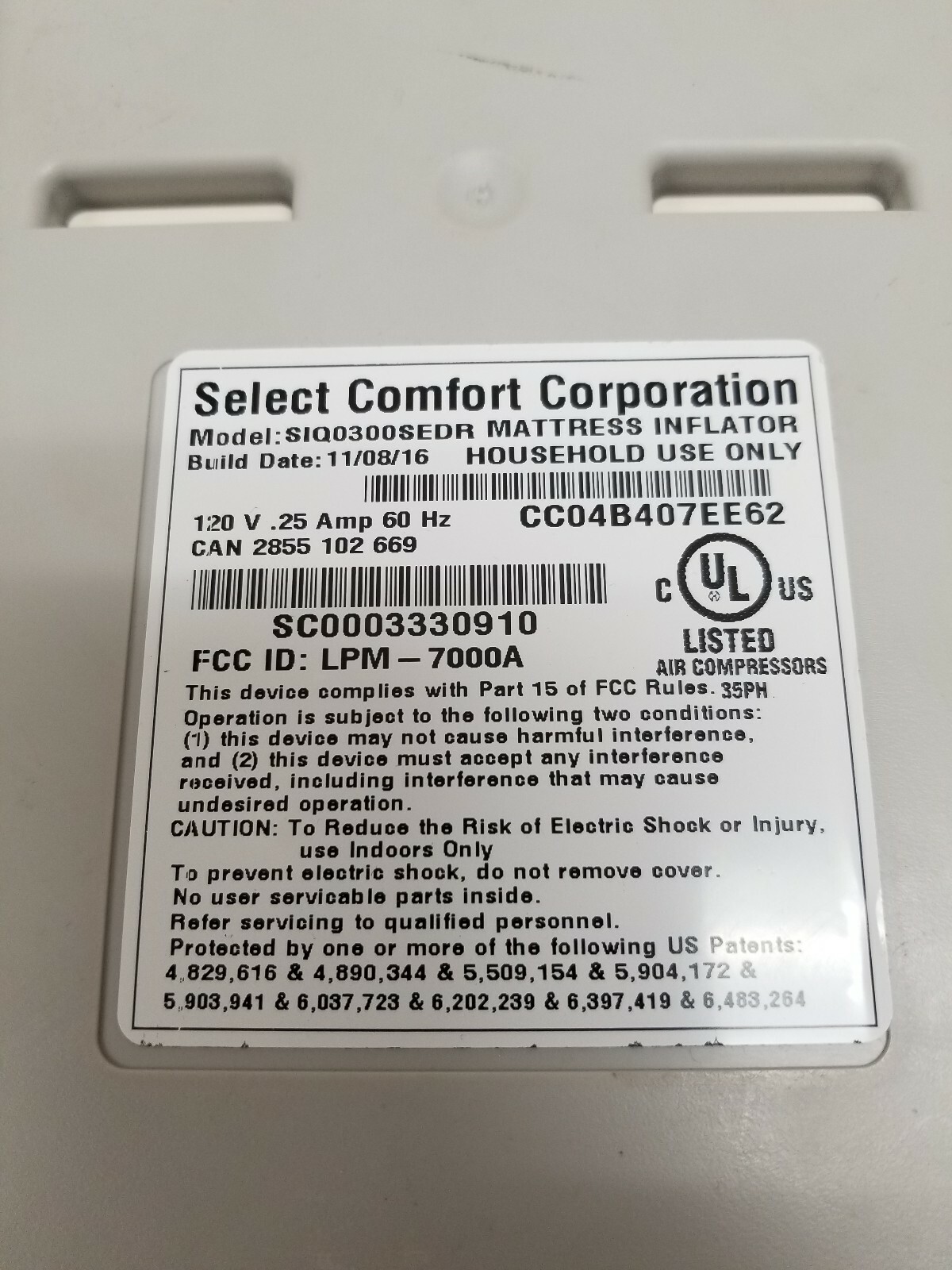 Select Comfort Sleep Number SleepIQ Air Bed Pump Dual Chamber Inflator W/ Remote