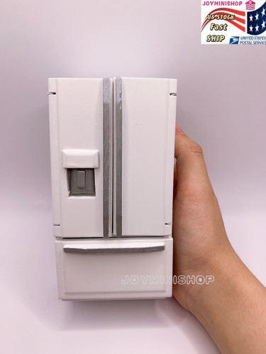 Miniature 1/12 WHITE Double-Door Wooden Refrigerator Dollhouse Model Kitchen TOY
