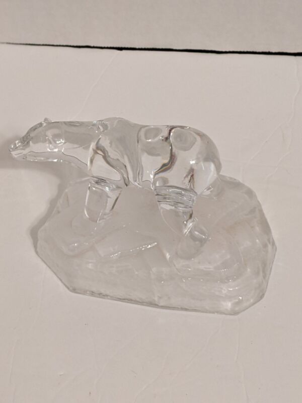Glass Polar Bear Figurine Clear On Frosted Piece Of Ice 5.5 inches