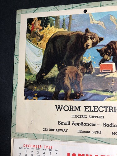 Worm Electric Monett Mo Missouri 1959 Calendar Sign Fishing & Bears Art