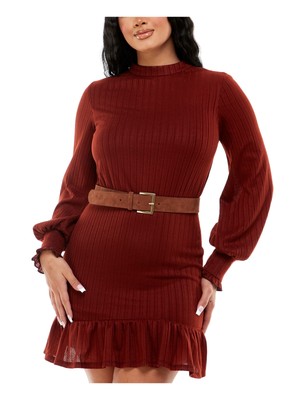 Короткое платье B DARLIN Womens коричневого цвета с поясом и застежкой на пуговицы на рукаве 1\2