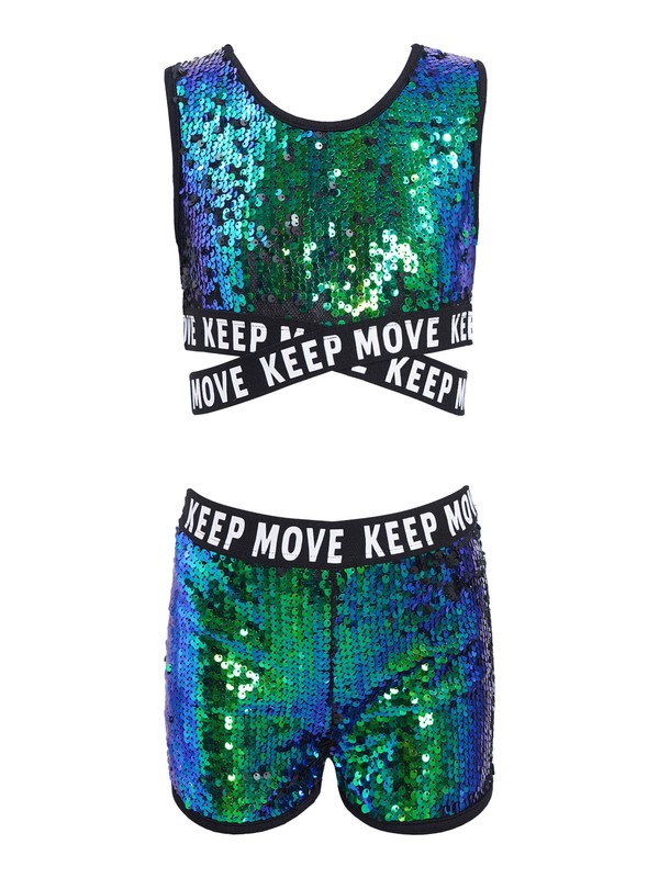 Girls Glitter Sequins Dance Outfits Sleeveless Vest Crop Tops with
