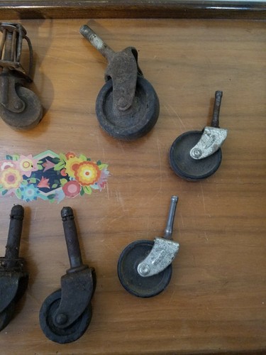 LOT 8 ANTIQUE VINTAGE FURNITURE CASTERS WHEELS IRON + WOOD + PLASTIC