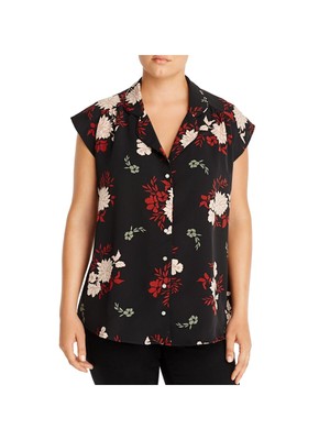 COLLECTION BY BOBEAU Womens Black Curved Hem Cap Sleeve Button Up Top Plus 1X