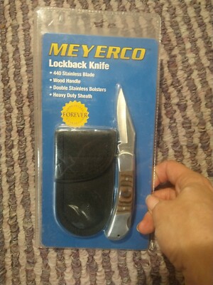Meyerco Lockback Folding Pocket Knife with Wood Scales Adorned Handle