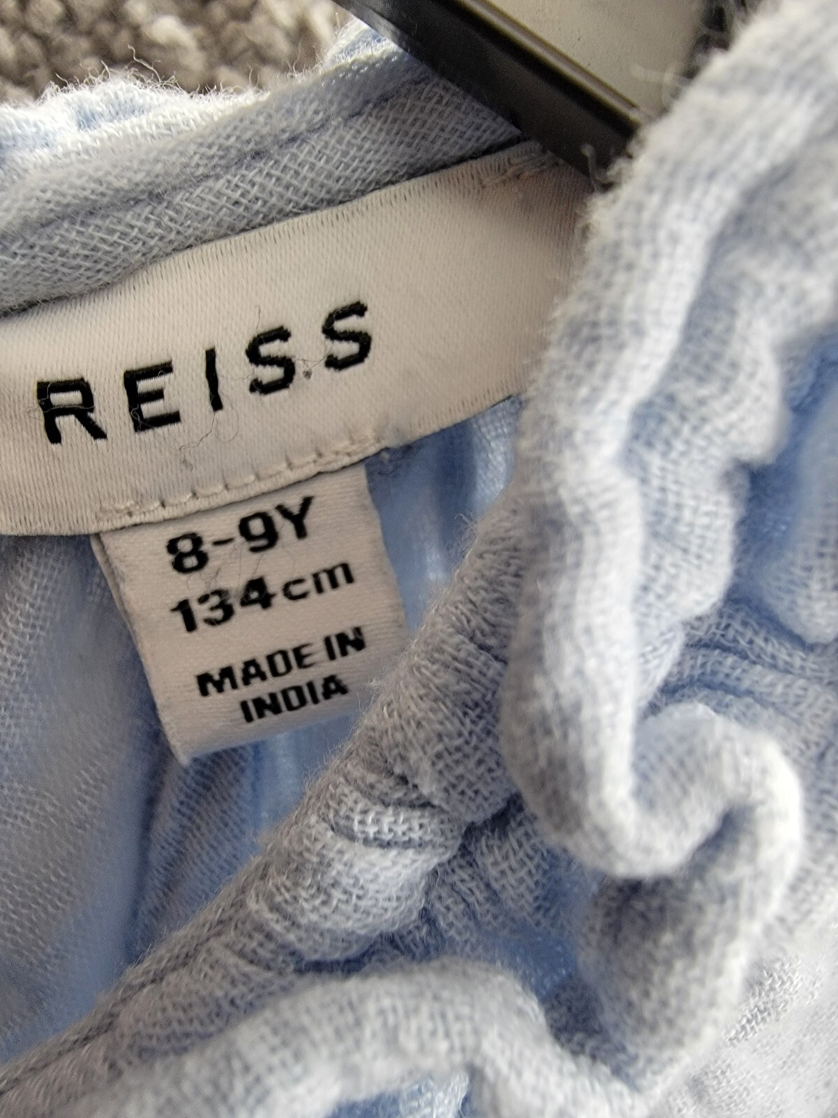 Reiss Blue Millie Seersucker Ruffle Dress Girls' 8-9Y Light Blue Button Back S/S - Picture 9 of 16