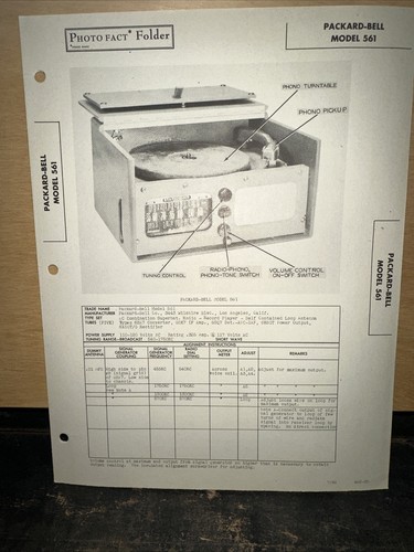 Packard-Bell Record Player Model 561 Service Data- schematics, Parts List.