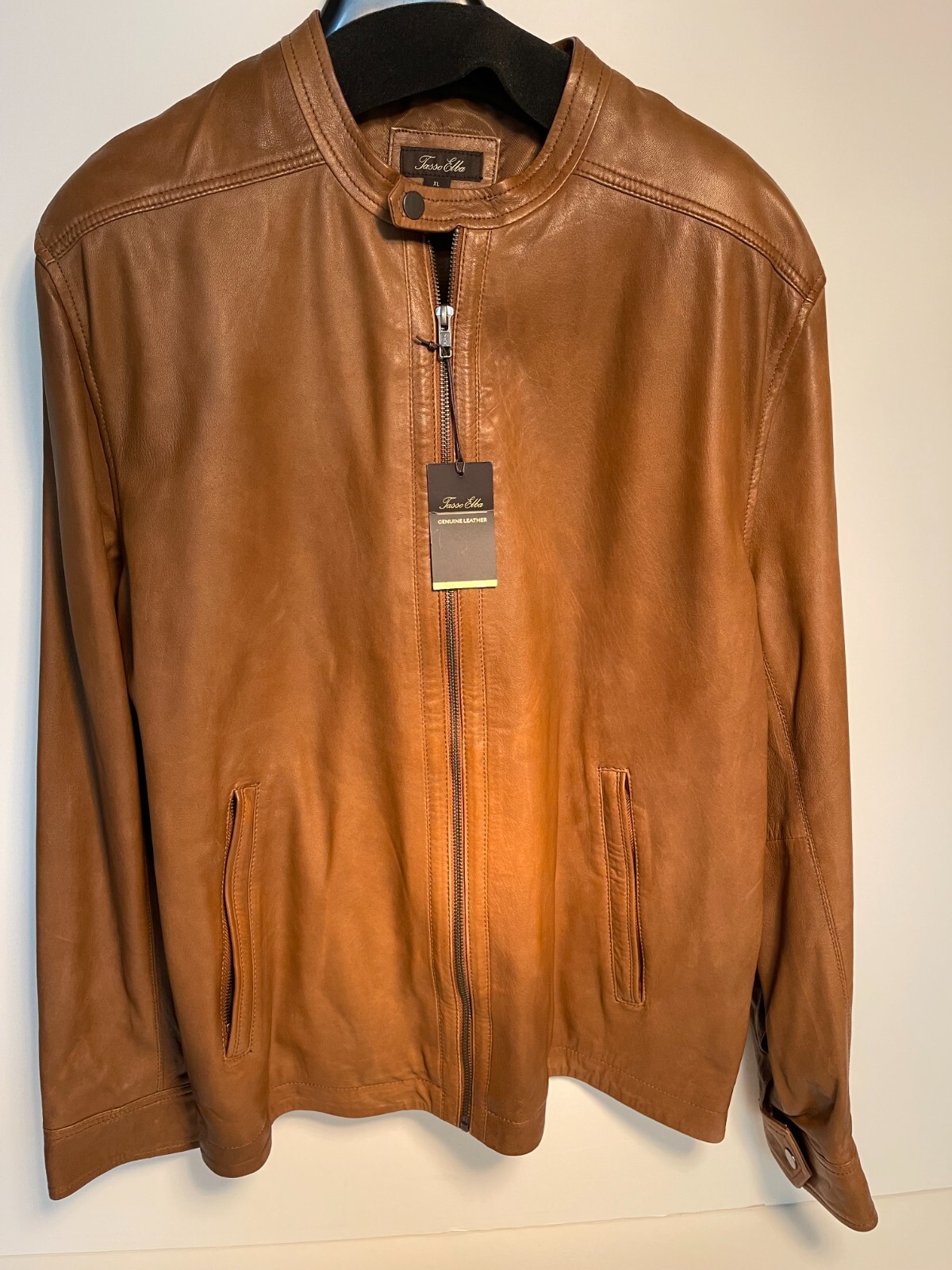 Pre-owned Tasso Elba Mens Leather Cafe Racer Jacket - Xl - Cognac Brown - W/tags
