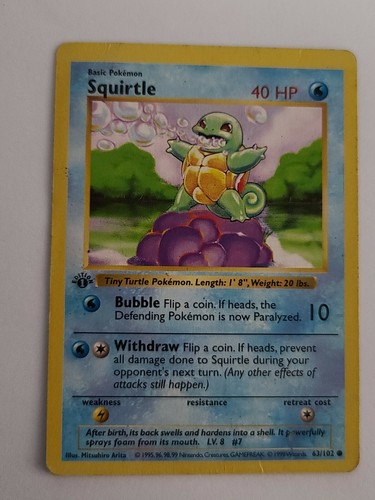 英語版初期　Squirtle 1st Edition shadowless 1999 Pokemon, Base Set Shadowless, #63/102 Squirtle, 1st