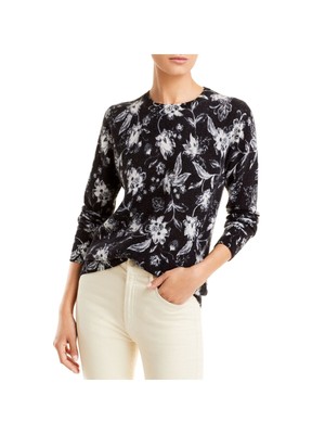 

Дизайнерский брендовый женский черный ребристый цветочный свитер с круглым вырезом и длинными рукавами