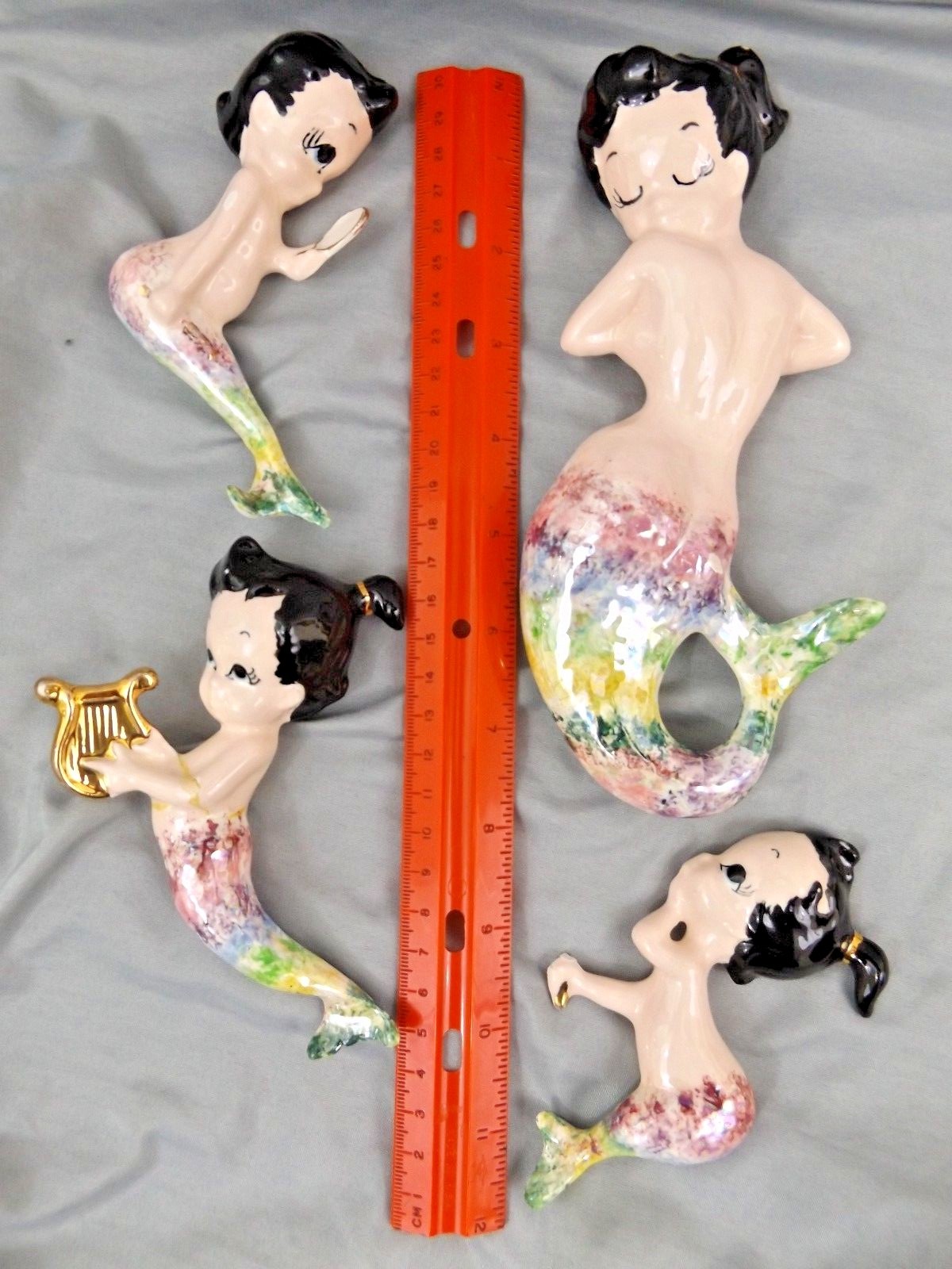 Vintage Mermaid Mid Century Ceramic Painted Glazed Wall Hanging Set of Four