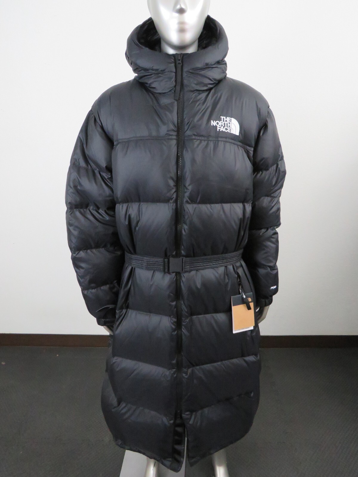 Pre-owned The North Face Womens  Nuptse Belt Long 700-down Insulated Hooded Jacket Black In Tnf Black
