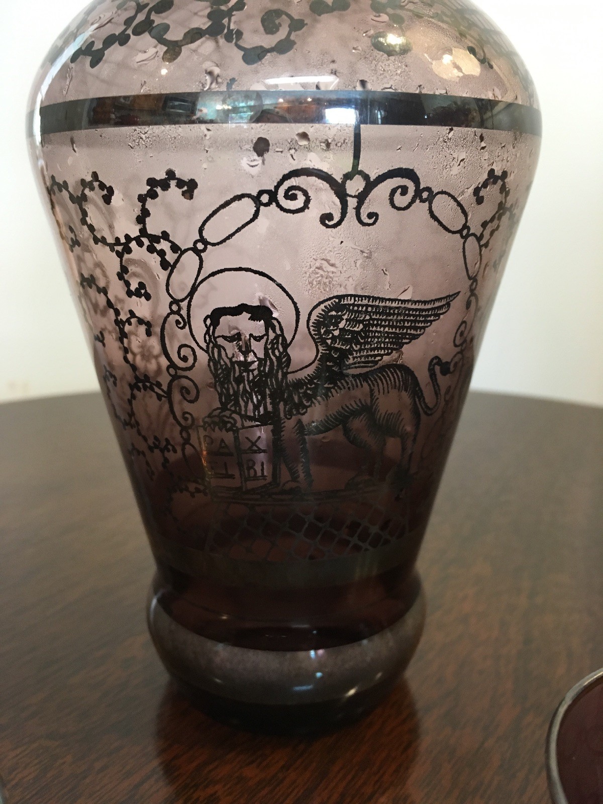 Silver Overlay purple Glass Decanter 4 Glasses Venice Winged Lion