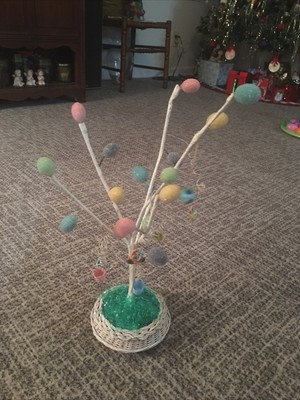 Vintage 17  Table Top Easter Tree With Beaded Egg Ornaments Attached