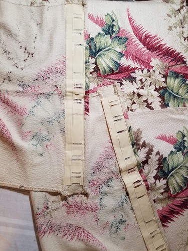 Vintage Tropical Barkcloth Fabric Drapery 2 Panels Remnants Deep Green Fuchia