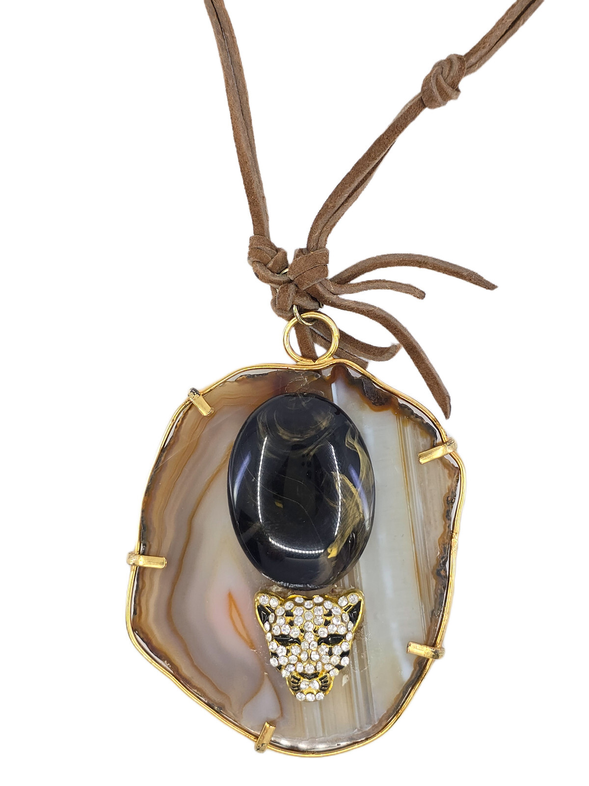 SCOTTISH BANDED AGATE SLICE w/ CRYSTAL JEWELD JAGUAR PENDANT w/ CORD NECKLACE