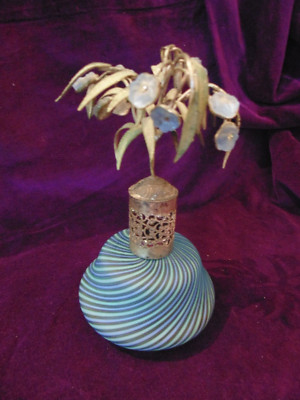 Vtg DeVilbiss Atomizer Perfume Bottle Jeweled Top Blue Stripe Toso Murano Glass