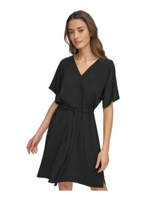 Женское черное платье-клеш DKNY с коротким рукавом и V-образным вырезом длиной выше колена 10