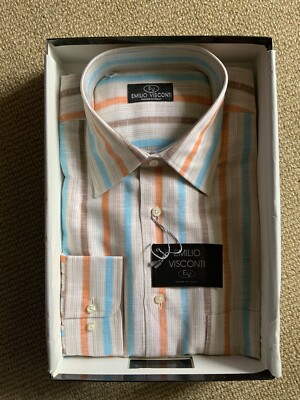 New EmilioViscontiMensLinen ShirtWithTag,Size16(EU41)Multi Colors.Made In Italy.