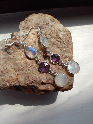 Moonstone & Amethyst REAL 925 Sterling Silver Dangle Pierced Earrings - 4.3g