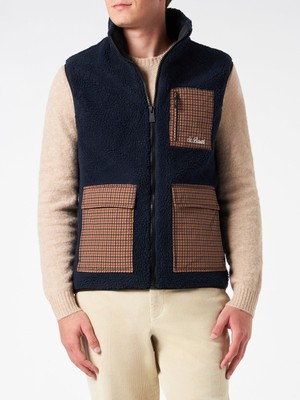 Pre-owned Mc2 Saint Barth Man Blue Sherpa Vest Jacket With Check Patch Pockets