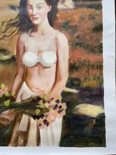 Potrait Woman Floral Landscape Realism Oil Painting Original Art 23X19 Unsigned