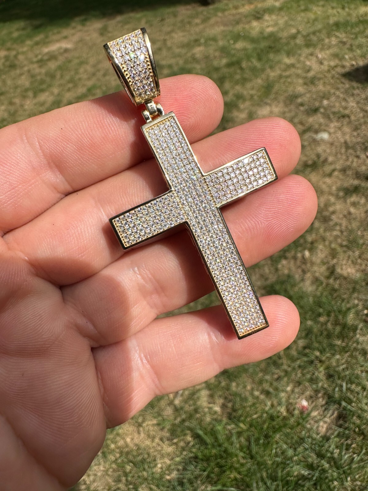 Pre-owned Hip Hop Solid 10k Yellow Gold 3ct Vvs Moissanite Cross Pendant Necklace 19g Mens Large In White