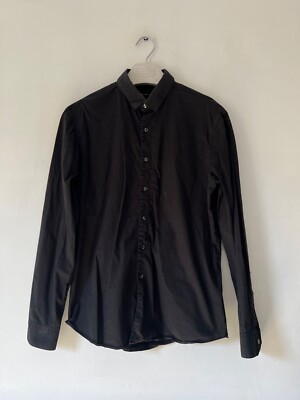 SISLEY BENETTON Shirt L-XL Black Stretch Fitted 41'' Muscle Fit