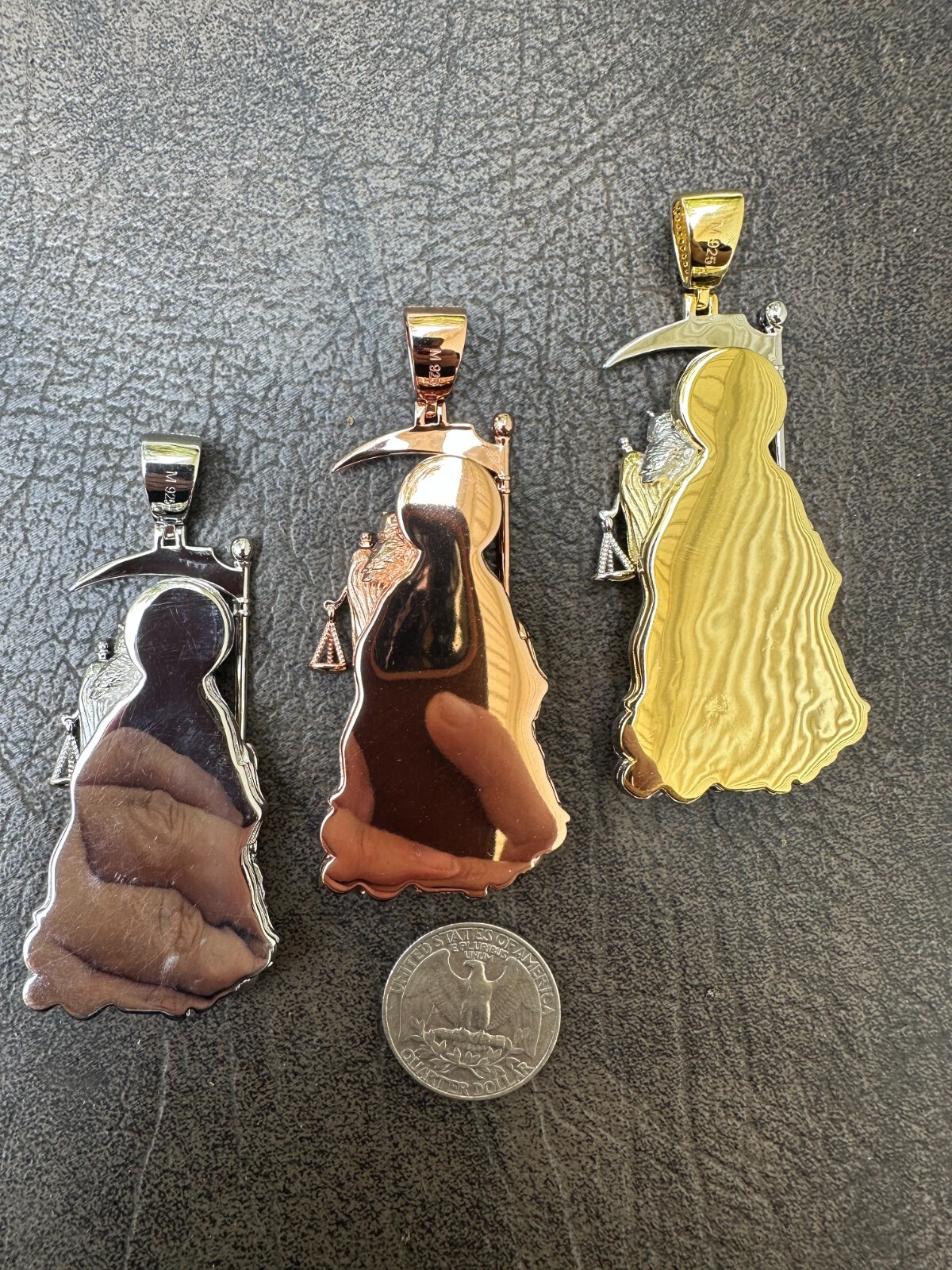 Pre-owned Harlembling Moissanite Santa Muerte Grim Reaper Pendant 925 Silver / 14k Gold Rose Necklace In White