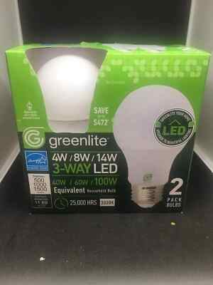 2 PACK GREENLITE 3-Way 40W 60W 100W LED A19 Bright White LIGHT BULBS 4W 8W 14W