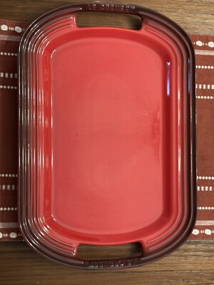 Le Creuset Cerise Red BBQ Tray Serving Platter Stoneware Handles 16.5''x11'' Used